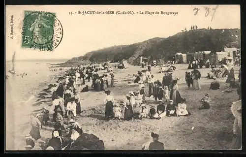 AK St-Jacut-de-la-Mer /C.-du-N., La Plage de Rougeraye animée avec des baigneurs et des cabines de plage