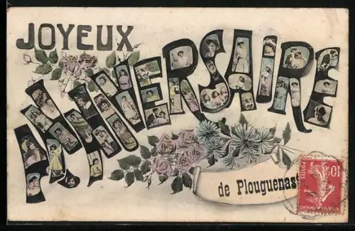 AK Plouguenast, Joyeux anniversaire avec illustrations florales et personnages