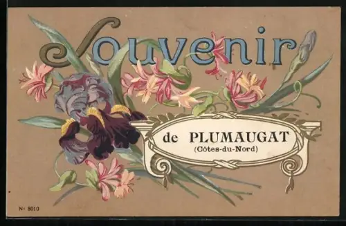 AK Plumaugat /Côtes-du-Nord, Souvenir fleuri avec iris et lys