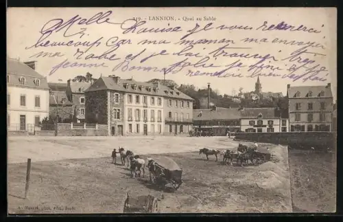 AK Lannion, Quai au Sable avec charrettes et bâtiments en arrière-plan