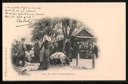 AK Saint-Brieuc, Jour de foire avec villageois et animaux devant un étal