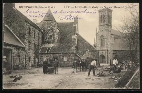 AK Vieux Marché, L`Hôtellerie Coty avec église et habitants sur la place