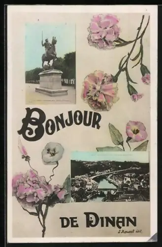 AK Dinan, Bonjour de Dinan avec statue équestre et vue panoramique de la ville