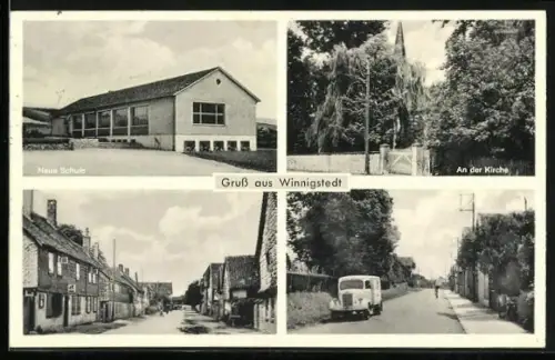 AK Winnigstedt, Neue Schule, Kirche, Strassenansichten