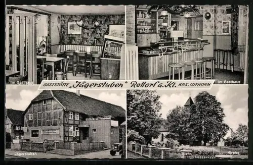 AK Rottorf / Klei, Gaststätte Jägerstuben mit Innenansichten, Blick auf die Kirche