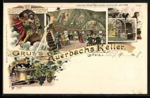 Lithographie Leipzig, Hexenküche, Gäste in der Weinstube, Dr. Faustus' Ritt auf dem Weinfass