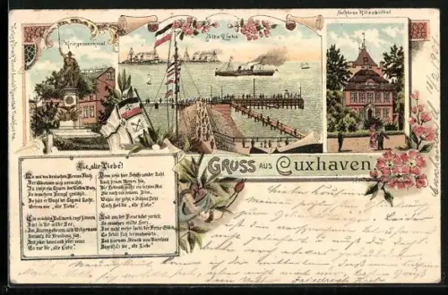 Lithographie Cuxhaven, Schloss Ritzebüttel, Alte Liebe, Kriegerdenkmal
