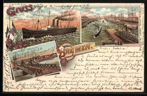 Lithographie Bremen, Weserbrücke, Freihafen, Schnelldampfer des Norddeutschen Lloyd