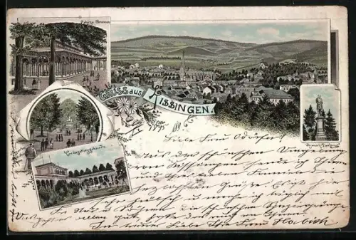 Lithographie Kissingen, Conversationsgebäude, Rakoczy-Brunnen, Bismarck-Denkmal