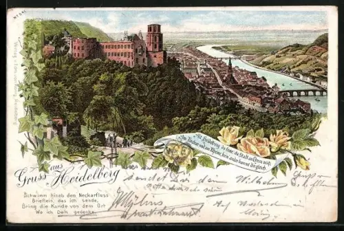 Lithographie Heidelberg, Panoramablick auf Stadt und Neckar