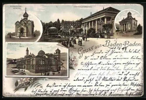 Vorläufer-Lithographie Baden-Baden, 1894, Conversationshaus, Friedrichsbad, Russische Kirche