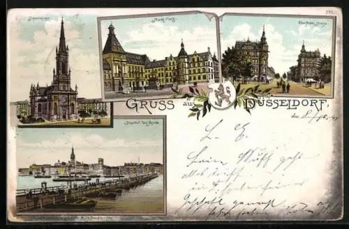 Lithographie Düsseldorf, Markt mit Rathaus, Elberfelder Strasse, Totalansicht, Johanniskirche
