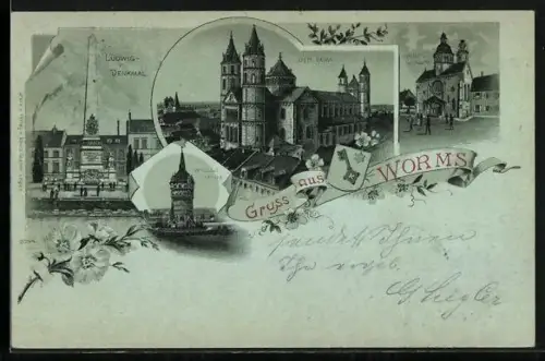 Lithographie Worms, Ludwig-Denkmal, Der Dom, Das Paulusmuseum, Der Wasserturm, Wappen
