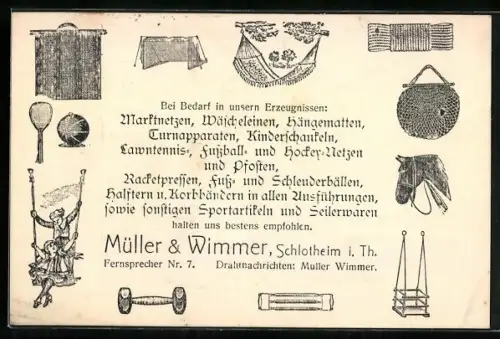 Künstler-AK Schlotheim i. Th., Sportgeschäft Müller & Wimmer, Hängematte, Hantel, Schaukel
