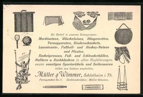 Künstler-AK Schlotheim i. Th., Sportgeschäft Müller & Wimmer, Hängematte, Hantel, Schaukel