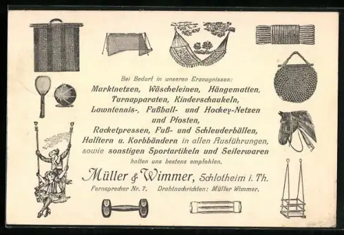Künstler-AK Schlotheim i. Th., Sportgeschäft Müller & Wimmer, Hängematte, Hantel, Schaukel