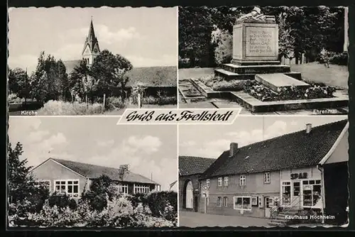 AK Frellstedt, Kaufhaus Hochheim, Kirche, Schule