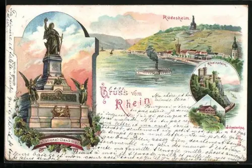 Lithographie Rüdesheim / Rhein, Niederwalddenkmal, Rheinpartie mit Dampfer, Schloss Rheinstein