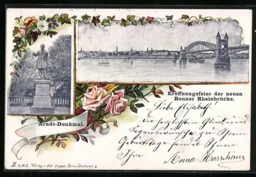 Lithographie Bonn, Eröffnungsfeier der Neuen Bonner Rheinbrücke, Arndt-Denkmal, Rosen, Passepartout