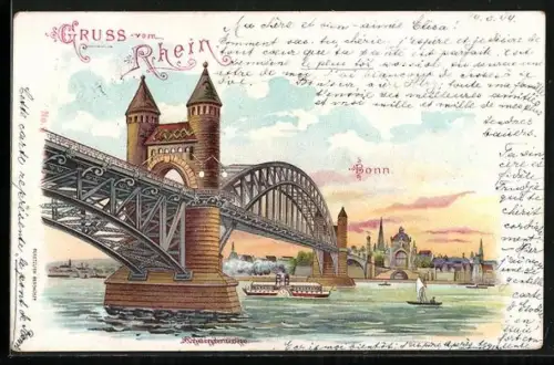 Lithographie Bonn a. Rh., Rheinbrücke mit Blick auf den Ort