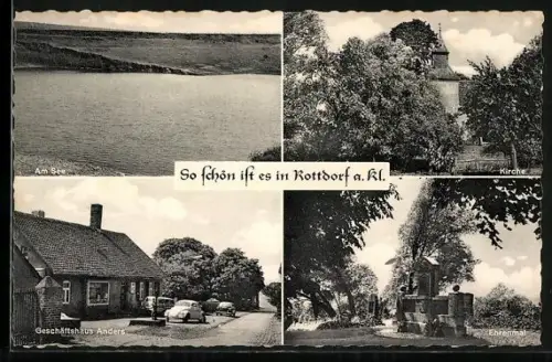 AK Rottdorf a. Kl., Geschäftshaus Anders mit Strasse, Ehrenmal, Kirche