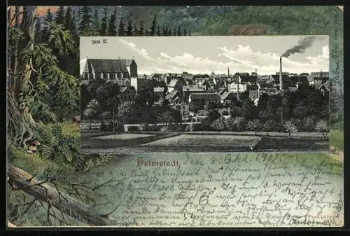 Lithographie Helmstedt, Teilansicht mit Kirche, Waldpartie, Passepartout
