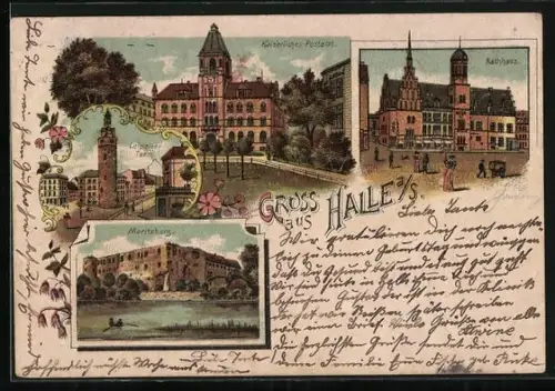 Lithographie Halle a. S., Moritzburg, Kaiserliches Postamt, Rathaus