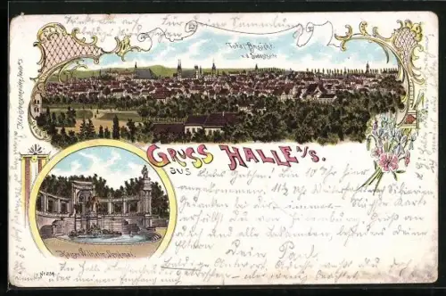 Lithographie Halle an der Saale, Totalansicht, Kaiser-Wilhelm-Denkmal