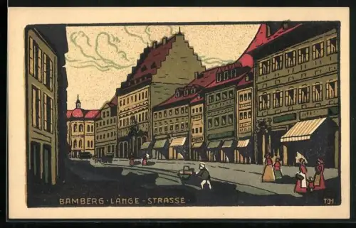Steindruck-AK Bamberg, Lange-Strasse mit Passanten
