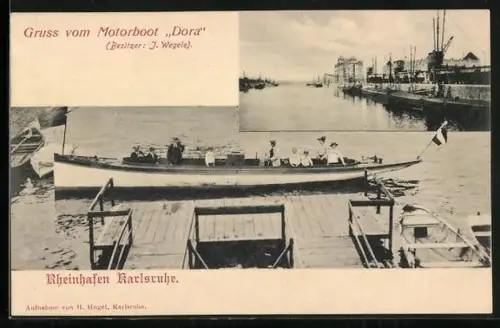 AK Karlsruhe, Rheinhafen mit Motorboot Dora
