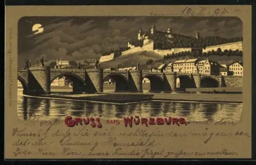 Mondschein-Lithographie Würzburg, Festung mit der alten Brücke und Kapelle