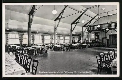 AK Lichtenberg i. Br., Waldrestaurant Burgberg, Grosser Saal, Innenansicht