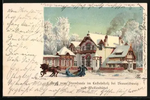 Winter-Lithographie Wolfenbüttel, Pferdeschlitten am Gasthaus Sternhause im Lechelnholz