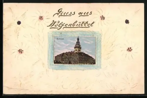 Papierkunst-AK Wolfenbüttel, Schloss, Blumen