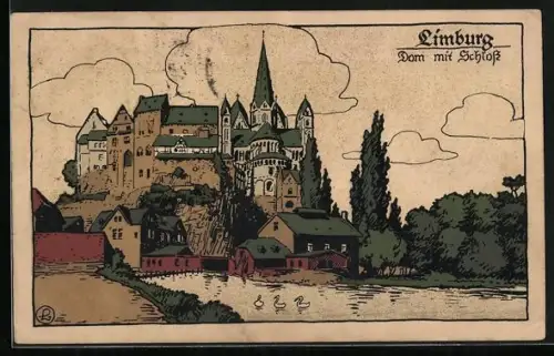 Steindruck-AK Limburg / Lahn, Dom mit Schloss, Enten