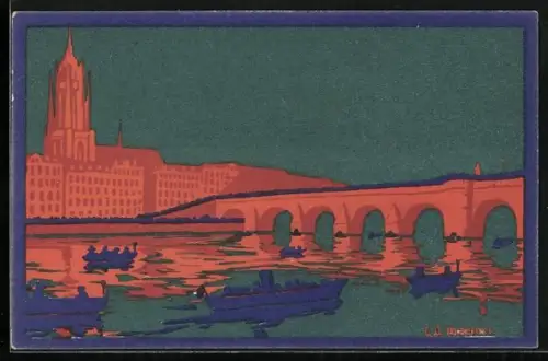 Steindruck-AK Frankfurt a. M., Panorama mit Kaiserdom St. Bartholomäus und Mainbrücke