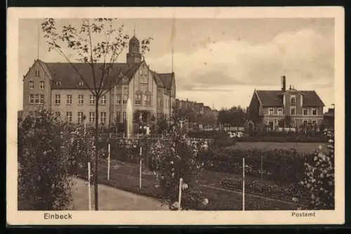 AK Einbeck, Postamt, Panorama mit Brücke und Anlage