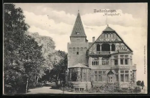 AK Hachenhausen, Westgiebel, Turmvilla, Gebäudeansicht mit Strasse