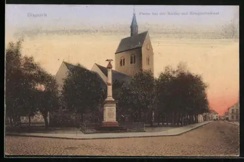 AK Bismark / Altmark, Partie bei Kirche und Kriegerdenkmal