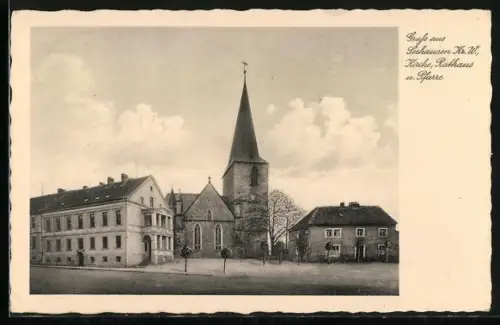 AK Seehausen / Börde, Kirche, Rathaus und Pfarre, Panorama