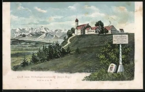 Künstler-AK Hohenpeissenberg /Bay., Ortsansicht mit Alpenpanorama u. Ortsschild