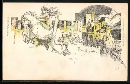 Lithographie Trechtingshausen, Burg Rheinstein, Frau auf Pferd