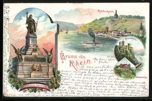 Lithographie Rüdesheim / Rhein, Niederwalddenkmal, Rheinpartie mit Dampfer, Schloss Rheinstein