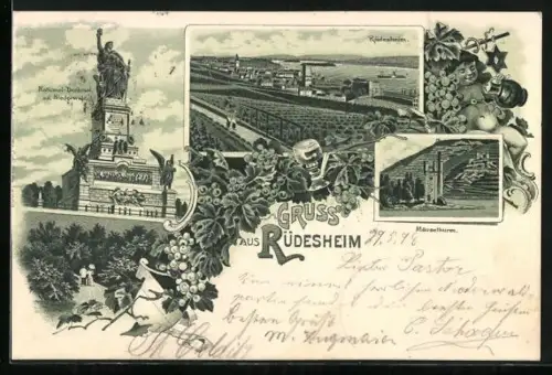 Lithographie Rüdesheim / Rhein, National-Denkmal, Gesamtansicht und Mäuseturm