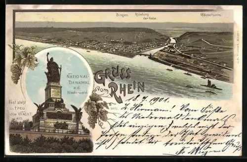 Lithographie Bingen / Rhein, Ortsansicht mit Nahemündung u. Mäuseturm, Niederwald-Denkmal über Rüdesheim