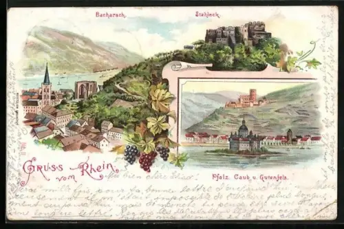Lithographie Bacharach, Panorama mit Stahleck, Pfalz. Caub und Gutenfels