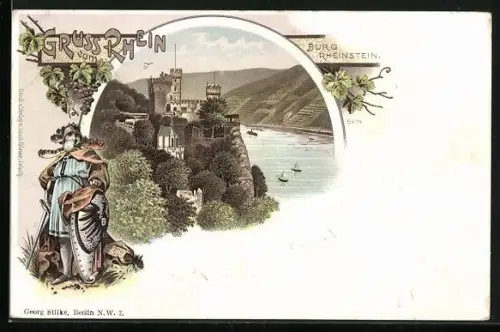 Lithographie Rheinstein, Burg mit Rheinansicht, Ritterfigur