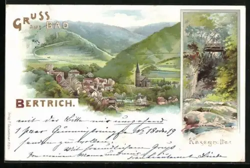 Lithographie Bad Bertrich, Ortsansicht, Käsegrotte