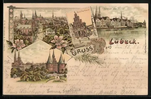 Lithographie Lübeck, Ortsansicht vom Dom, Schifferhaus, Teilansicht mit Holstenthor, Hafen an der Trave