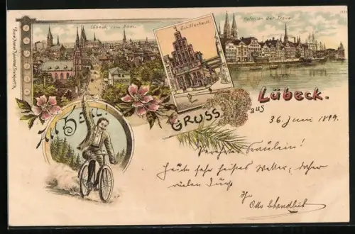 Lithographie Lübeck, Schifferhaus, Hafen an der Trave, Blick vom Dom auf die Stadt, Fahrradfahrer